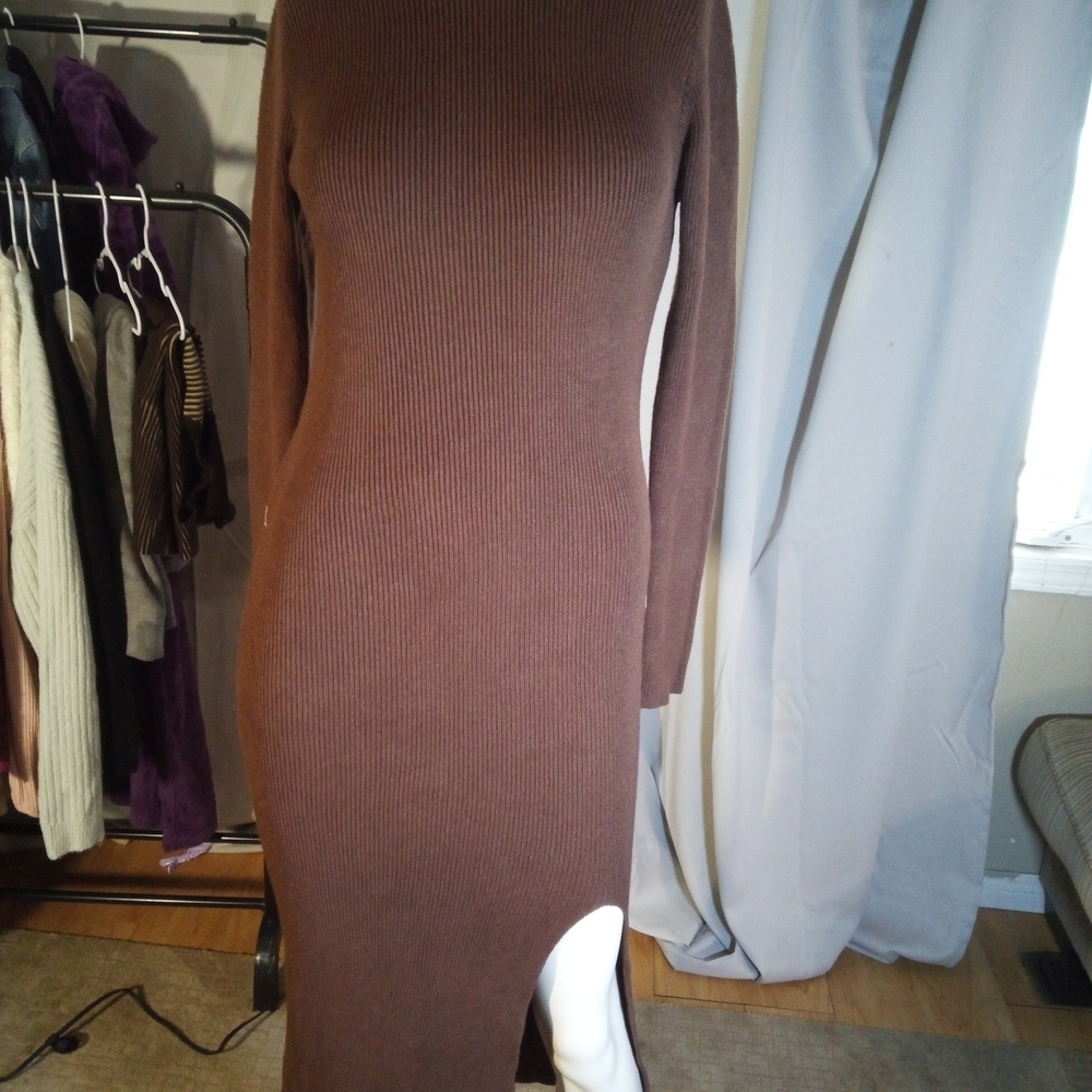 Charli Elegant Brown Ribbed Knit Dress